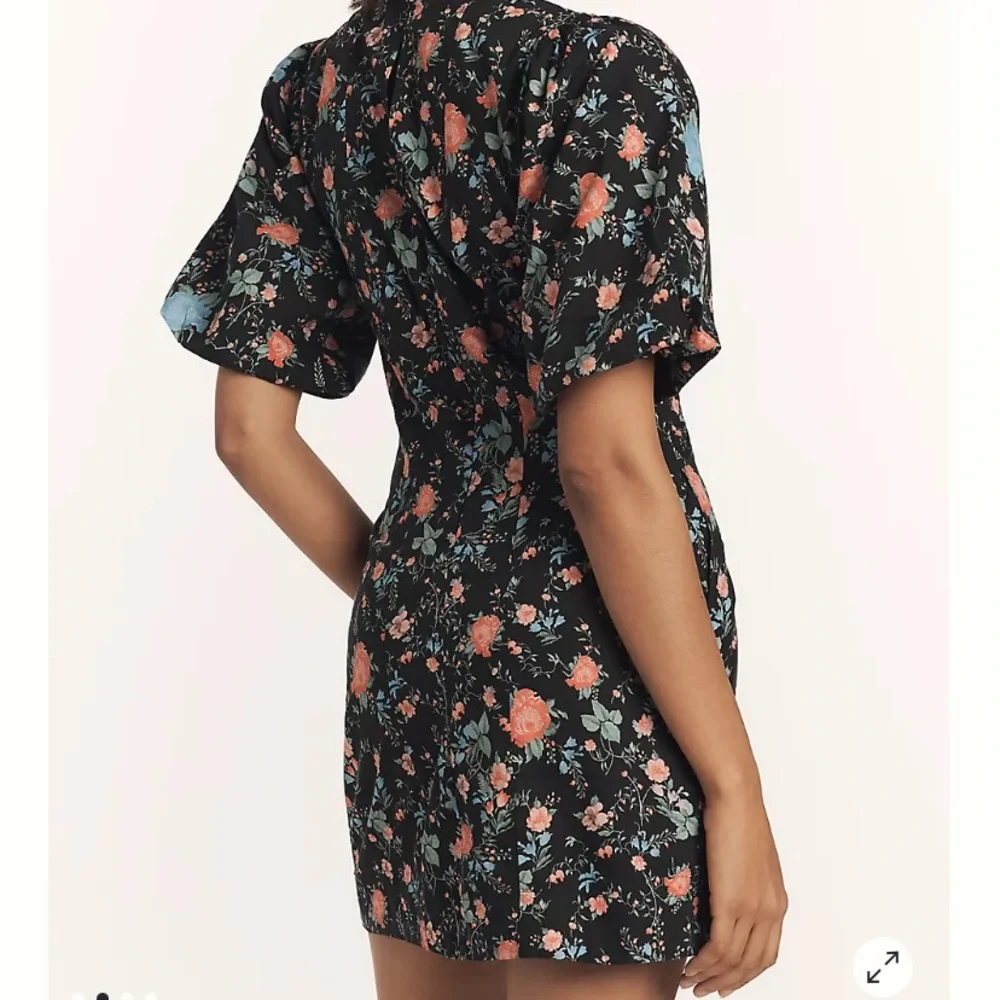 NEW Anthropologie Maeve Black Floral Peep Hole Puff Sleeve Mini Dress Size M - Picture 3 of 9